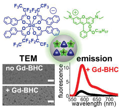 Lanthanide-based bulky counterions against aggregation-caused quenching of dyes in fluorescent polymeric nanoparticles